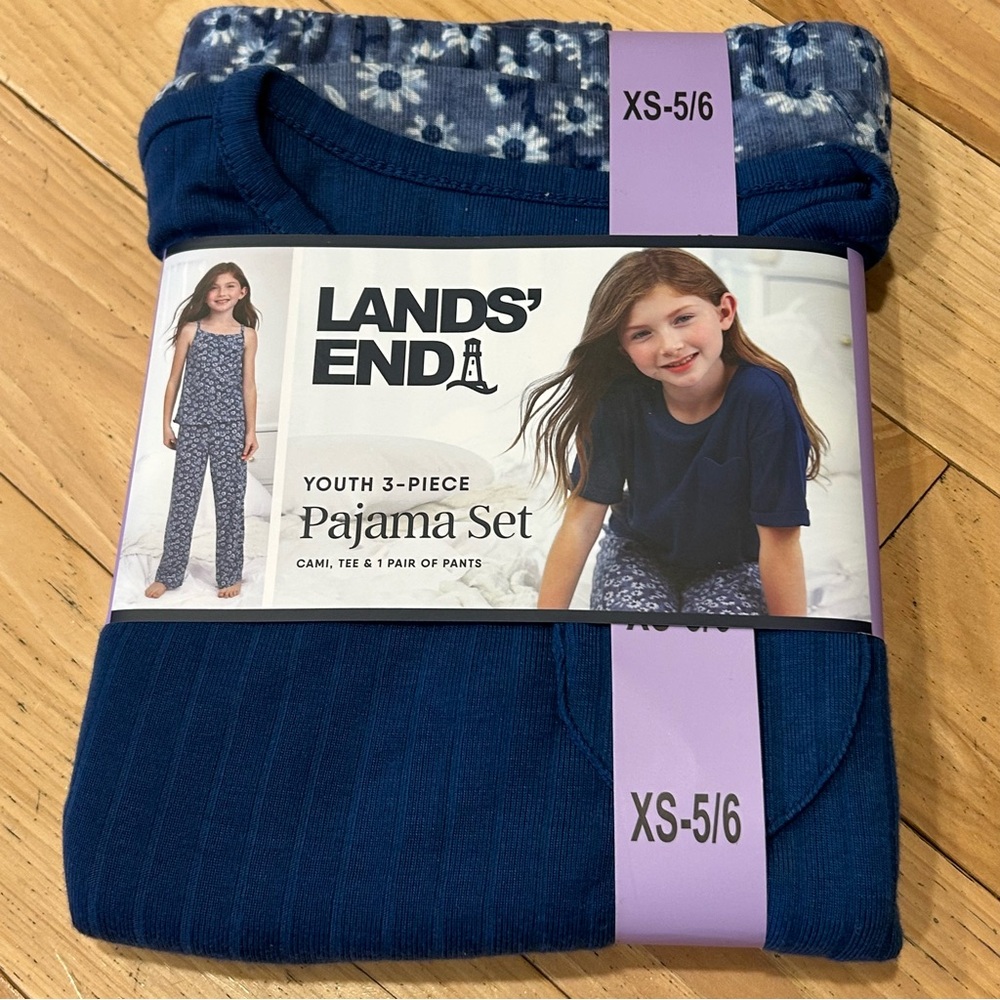 NWT Lands End 3-Piece Blue Daisy Youth Pajama Set - Girl’s Size XS 5/6